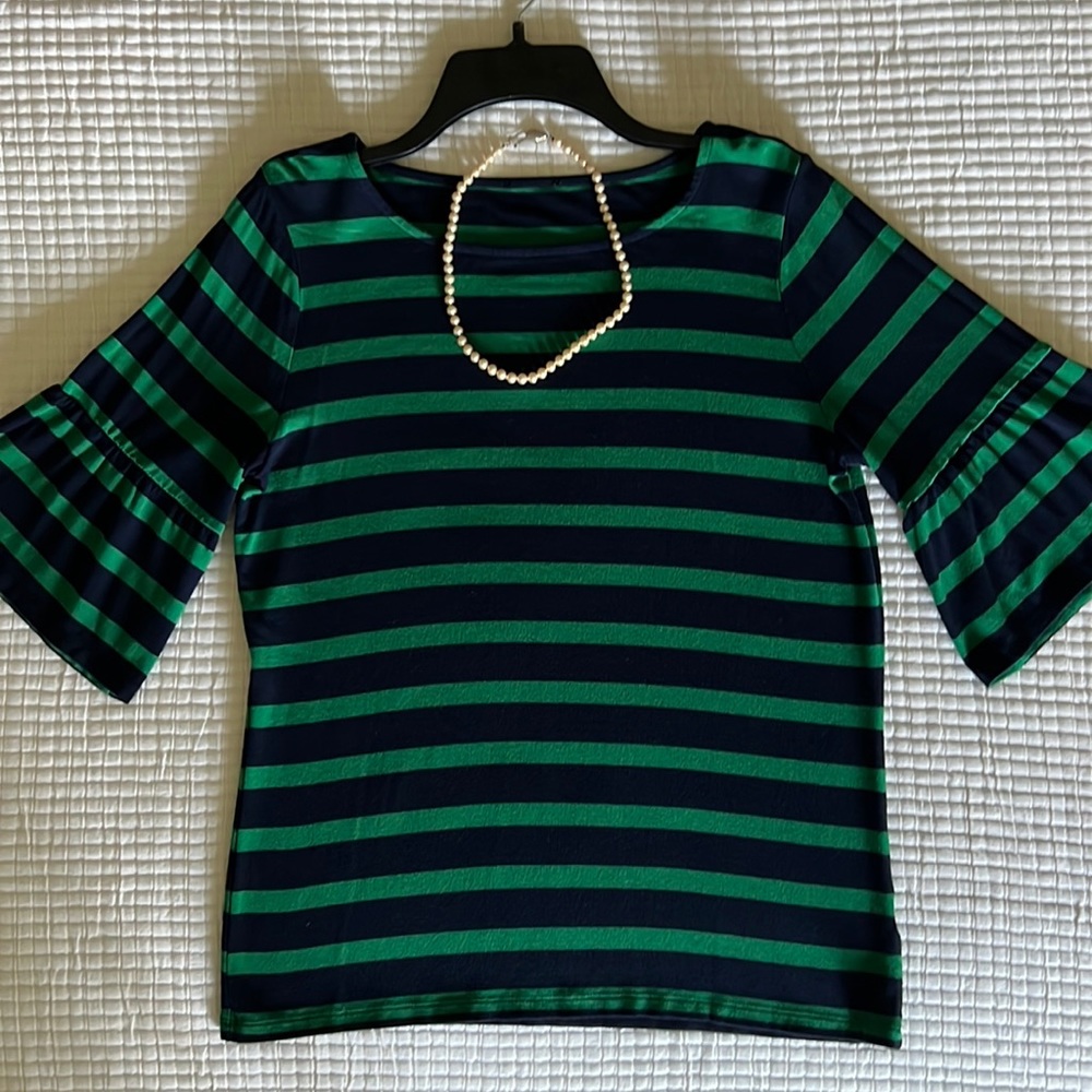 Green and navy strip top with short ruffled sleeves. Very cute! Size Small